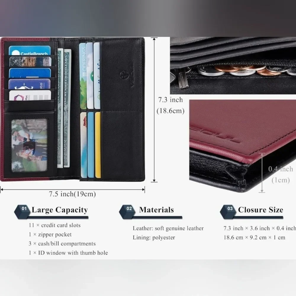 🩵⏭️NIB Black & Burgundy Italian Leather RFID Blocking Long Bi-Fold Wallet